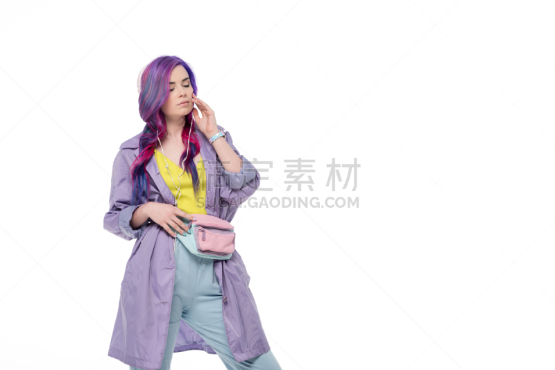 青年女人,耳机,紫色,音乐,军用防水短上衣,白色,自然美,分离着色,美,留白