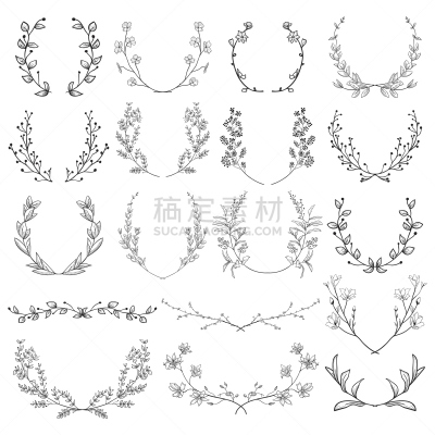 月桂花冠,托架,枝,草本,植物群,花环,线条画,草图,婚礼,分线规