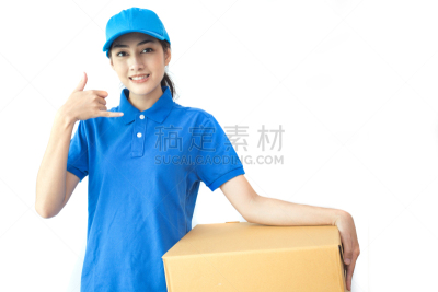 制服,职业,青年人,分离着色,女人,盒子,白色背景,微笑,递送