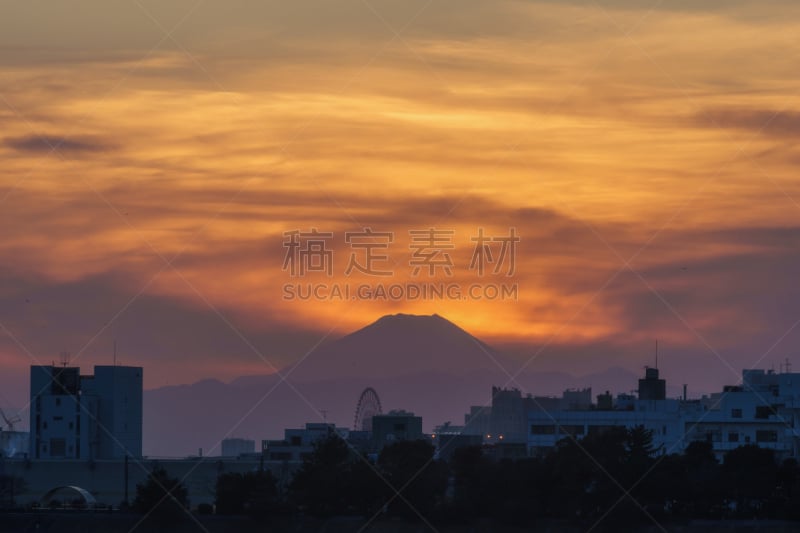 富士山,黄昏,天空,水平画幅,云,无人,户外,荒川河,都市风景,风景