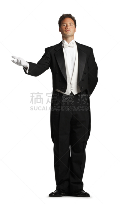 侍者总管,管家,手,做手势,无尾礼服,垂直画幅,白色背景,背景分离,30岁到34岁,白人