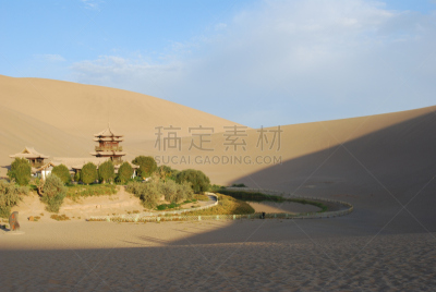 敦煌,甘肃省,沙漠绿洲,水平画幅,建筑,无人,沙漠,摄影