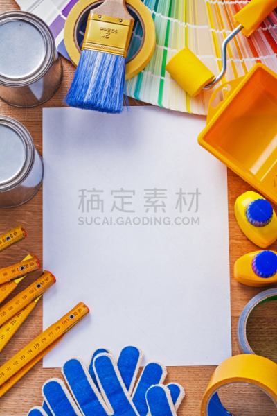 组物体,纸,电扇,潘通色,空白的,颜料盘,电工胶布,滚刷,胶带,工具箱