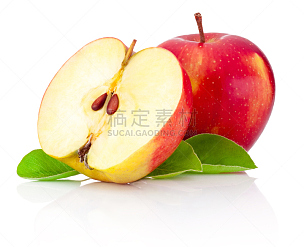 一个物体,白色背景,红色,苹果,一半的,分离着色,水平画幅,块状,生食,纯净