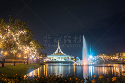公园,夜晚,数字9,曼谷,罗摩王,水,水平画幅,喷泉,凉棚,户外