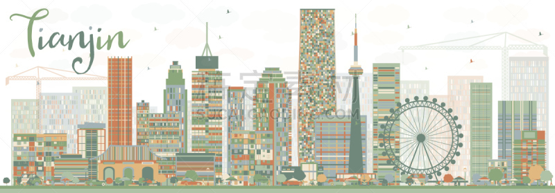 天津市,抽象,建筑外部,彩色图片,天空,水平画幅,绘画插图,鸟类,都市风景,白色