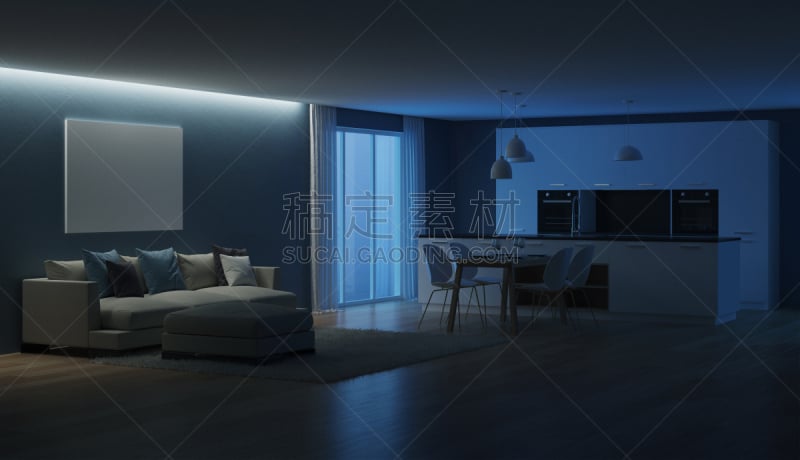 现代,三维图形,房屋,室内,夜晚,抽油烟机,窗帘,舒服,地板,炊具