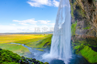 冰岛国,塞里雅兰瀑布,seljalandsfoss waterfall,卡斯基德山脉,水,天空,水平画幅,瀑布,无人,夏天
