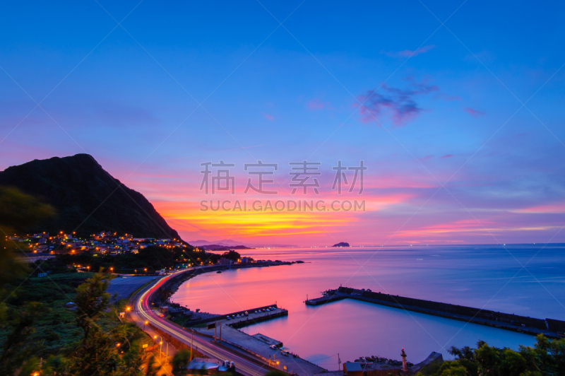 路,海岸线,九份,穿插表演,水,天空,夜晚,缓慢的,曙暮光,百叶窗