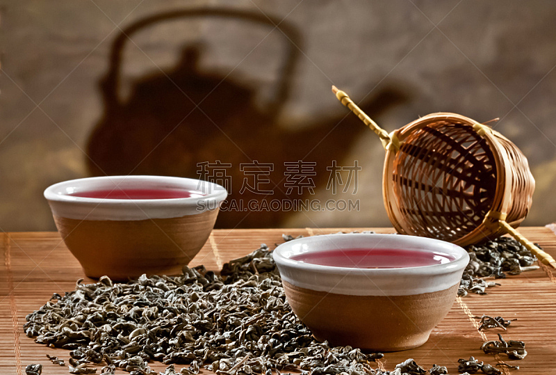 两个物体,茶杯,壶,茶树,水平画幅,无人,茶碟,古老的,阴影,饮料