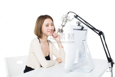 白色背景,女性,动物,自然美,分离着色,评论员,电台主持人,唱片,麦克风