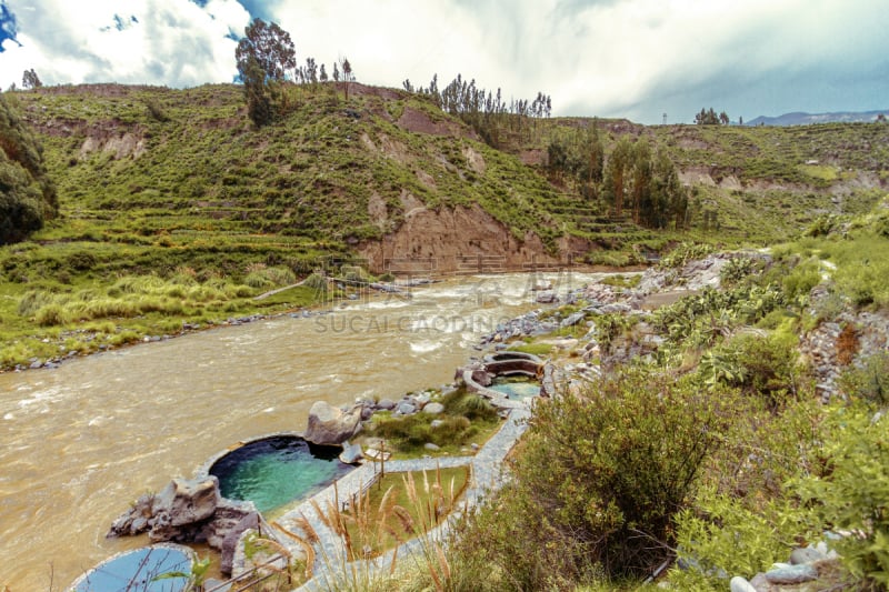 游泳池,山,温泉,湍急的,山谷,秘鲁,几乎,水,度假胜地,水平画幅