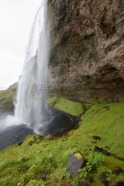 冰岛国,Seljalandsfoss Waterfall,垂直画幅,水,高视角,瀑布,苔藓,巨大的,户外,草
