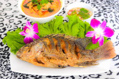 罗非鱼,鱼类,盘子,餐具,格子烤肉,褐色,芳香的,水平画幅,膳食,海产