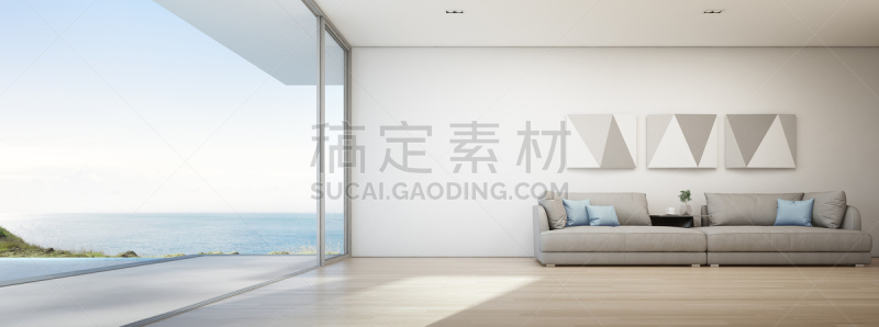 华贵,木制,看风景,假日别墅,灰色,沙发,夏天,起居室,海洋,游泳池