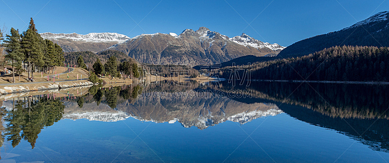 圣莫瑞兹,湖,水,水平画幅,无人,蓝色,全景,户外,瑞士,瑞士阿尔卑斯山