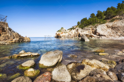 马略卡,特拉华,查拉海滩,岩石海岸线,水,天空,度假胜地,水平画幅,无人,海岸地形