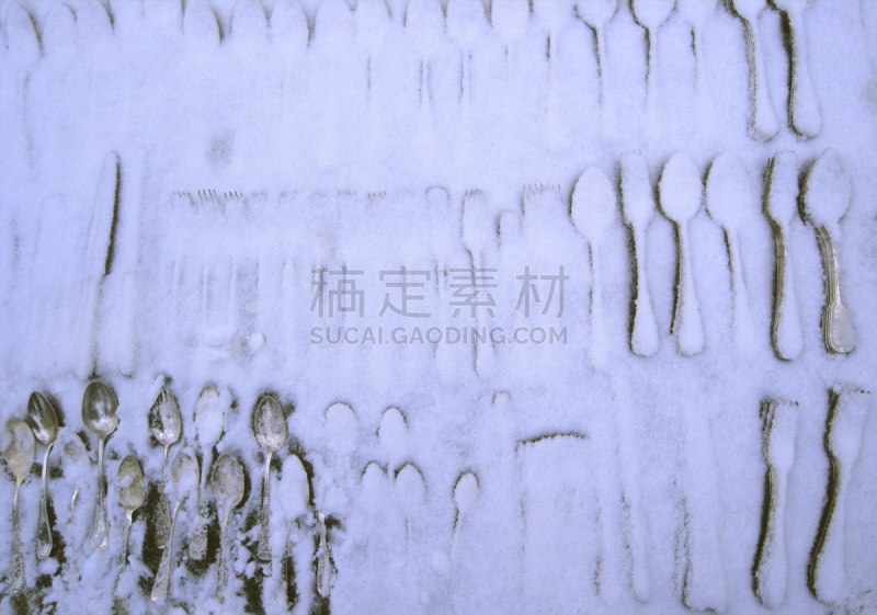 冬天,餐具,水平画幅,雪,无人,餐刀,膳食,组物体,商业厨房,白色