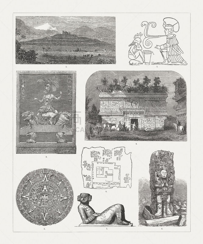 Pre-Columbian monuments in Mexico and Central America: 1) Great Pyramid of Cholula in Mexico (visual reconstruction); 2) Mural inside the Royal Palace of Chichen Itza (Yucatán, Mexico); 3) Mayan relief from Palenque depicting a king seated on a jaguar thr