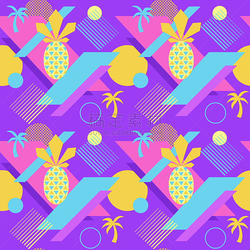夏天,几何形状,时尚,时髦的,矢量,式样,背景,棕榈树,彩色图片,菠萝