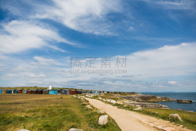 灯塔楼,小木屋,颜色,古老的,英格兰,夏天,明亮,戏剧性的景观,海滩,技术