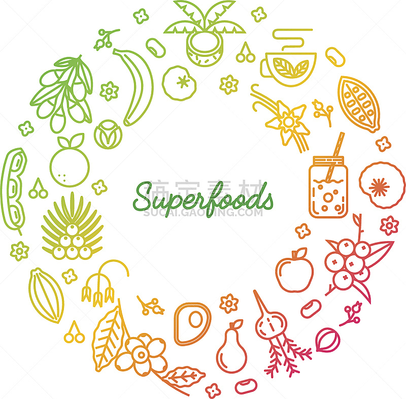 矢量,概念,线条,瓜拉那,螺旋菌,藜麦,枸杞,大豆,素食,蔬菜