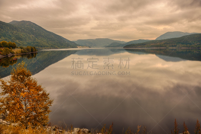 布斯克吕县,湖,河流,哈林达,挪威,水,水平画幅,曙暮光,户外,山