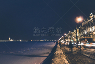 欧洲冬宫,都市风景,涅瓦河,夜晚,冬天,圣徒彼得和保罗城堡,冻结的,船,寒冷,城市生活