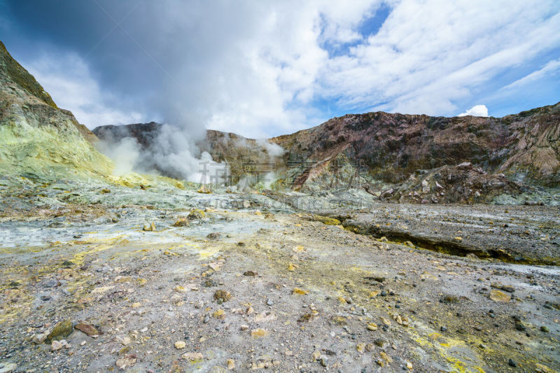 怀特岛,火山口,新西兰,烟,近景,天空,水平画幅,无人,岩层,硫磺