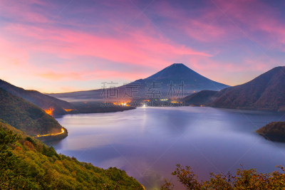 富士山,秋天,日本,水,美,水平画幅,夜晚,无人,火山地形,早晨