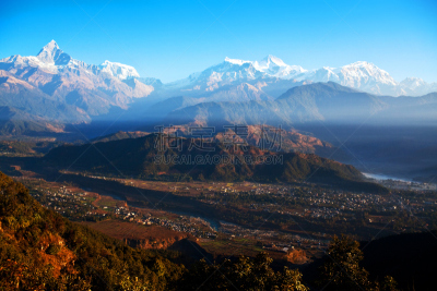 沙林扣山,博卡拉,喜马拉雅山脉,看风景,道拉吉利峰,鱼尾峰,安纳普纳生态保护区,安娜普娜山脉群峰,天空,水平画幅