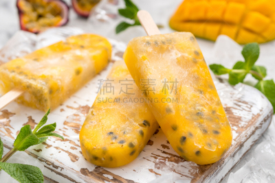 西番莲,自制的,清新,芒果,冻结的,冰棒,果汁冰糕,摩洛哥,冰淇淋,水平画幅