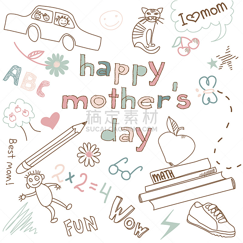 母亲节,贺卡,绘画插图,符号,单身母亲,速写本,母亲,字体,书,问候
