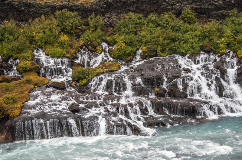 Hraunfossar,岛,灰色,水平画幅,绿色,岩石,熔岩,无人,欧洲,River Hvita