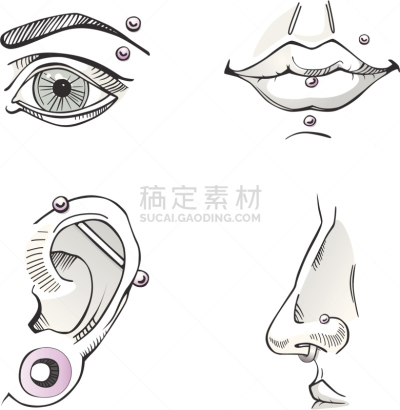 草图,穿洞的,眉钉,唇环,鼻钉,人,生活方式,图像,青少年