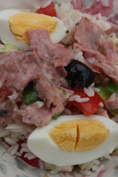 米饭沙拉,熟食店,油醋汁,动物鼻子,垂直画幅,珍珠洋葱,盐渍食品,煮鸡蛋,开胃品,肉