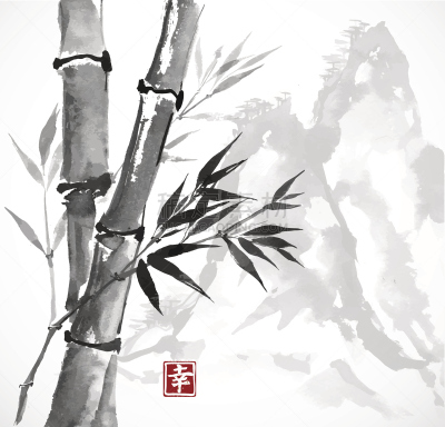 墨水,山,竹,动物手,自然,无人,水墨画,绘画插图,日本,抽象