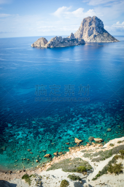 西班牙威德拉,伊比沙岛,垂直画幅,水,旅游目的地,无人,岩层,巴利阿里群岛,户外,岛