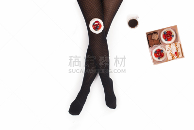 蛋糕,裤袜,咖啡,女性,腿,盒子,小的,创造力,概念,摄影