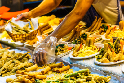 春卷,泰国,街道,超级市场,餐具,格子烤肉,美食街,水平画幅,开胃品,户外
