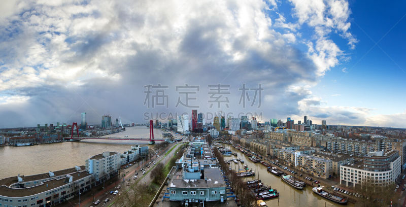 鹿特丹,全景,城市天际线,水,天空,暴风雨,水平画幅,无人,海港,伊拉斯谟