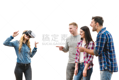 白色背景,四个人,友谊,进行中,虚拟现实,背景分离,人类居住地,技术,现代,三维图形