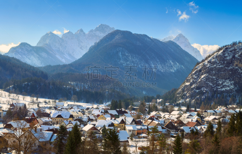 julian alps,冬天,地形,山庄,天空,美,水平画幅,山,雪