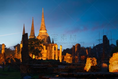 帕西桑波特寺院,大城,泰国,天空,水平画幅,夜晚,无人,色彩鲜艳,蓝色,古老的