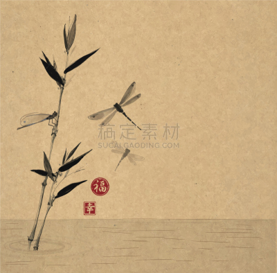 Bamboo branch and three dragonflies
