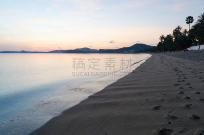 黎明,海滩,脚印,波铺,泰国,黄昏,海岸线,背景,夏天,沙子