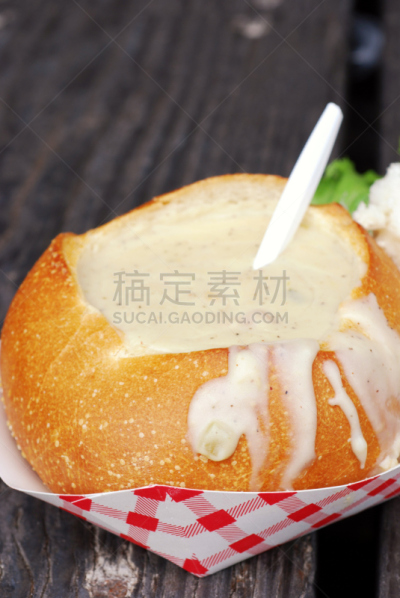 杂烩浓汤,碗式面包,酵母面包,垂直画幅,风化的,无人,古老的,膳食,海产,乡村风格