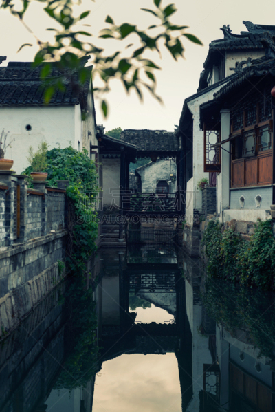 周庄,山东省,运河,苏州,东,迷人,乡村,垂直画幅,水,天空