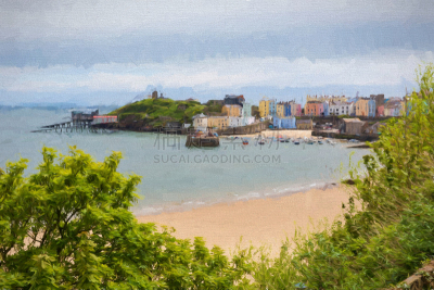 绘画插图,海滩,城镇,滕比,彭布罗克郡,威尔士,度假胜地,水平画幅,沙子