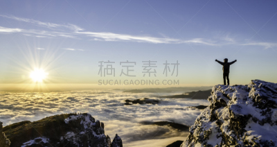 宏伟,黎明,决心,山顶,在上面,非凡的,动机,高举手臂,举起手,勇气